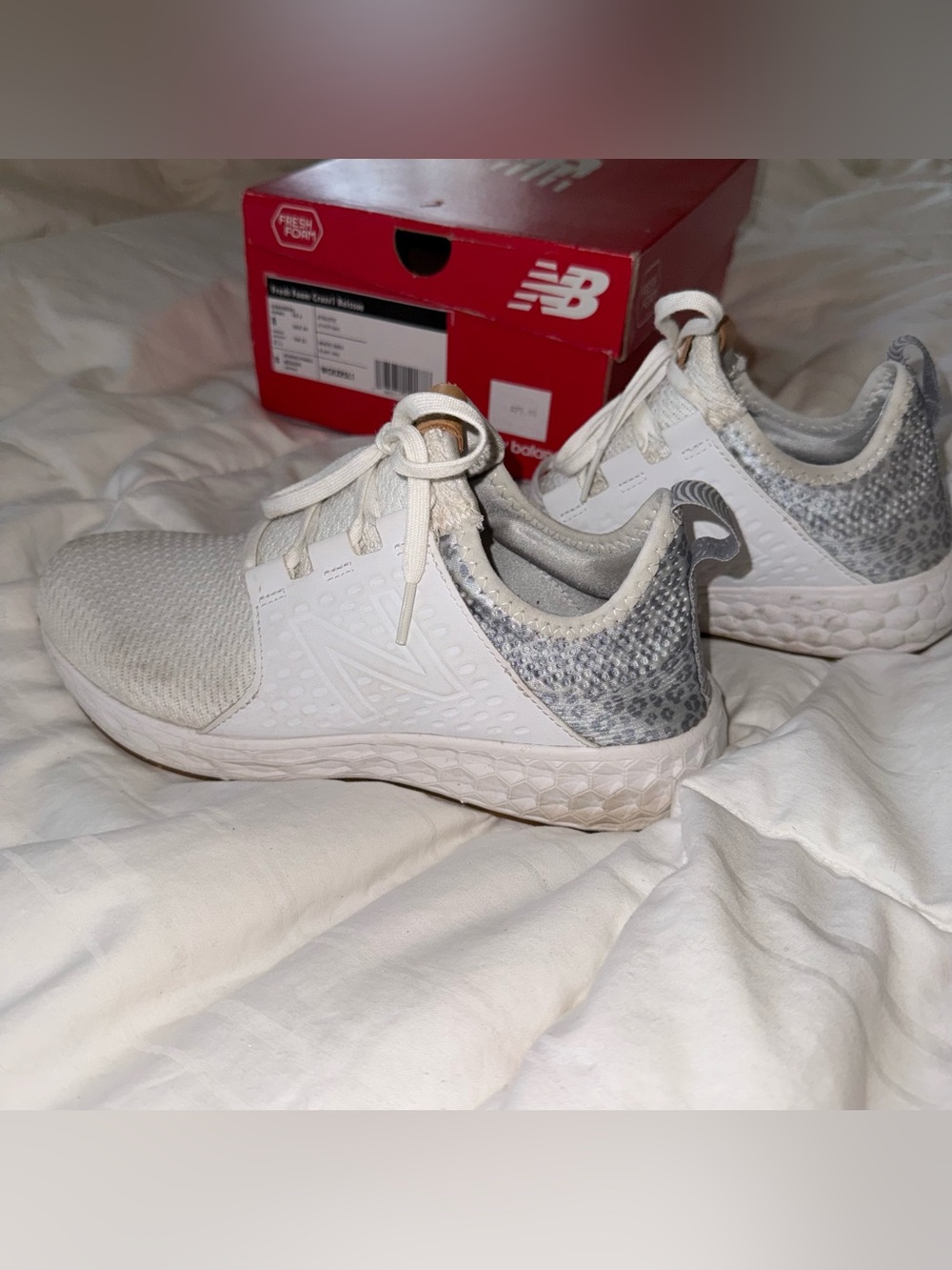 New Balance White and Gray Knit Trainer Sneakers